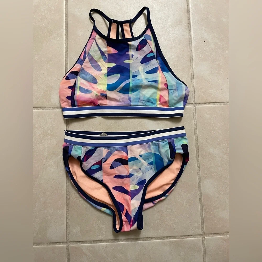 Athleta Girl Kids Bikini -2 piece - Pink and Blue Tropical swimsuit size XL 14
